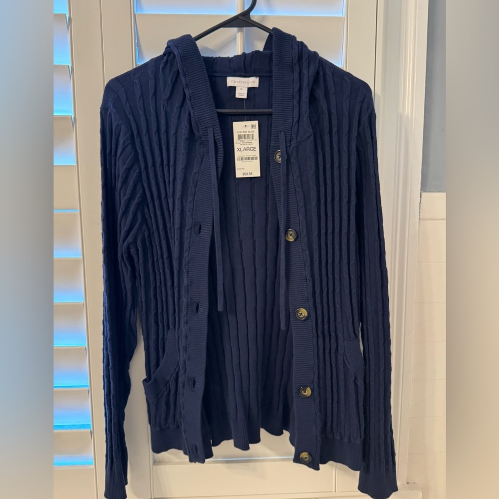New with Tags! Charter Club Navy Cable-Knit Hooded Cardigan. Size XL.